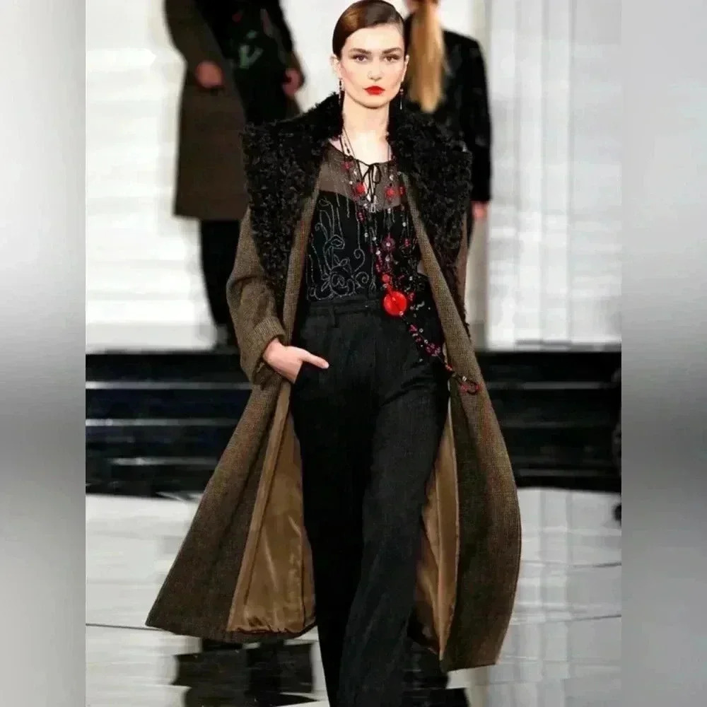 Ralph Lauren Collection Purple Label Wool Coat Shearling Fur Collar Trench Tweed